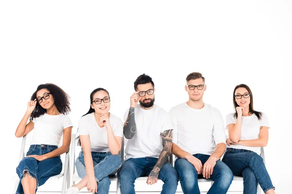 Multicultural Group Young People Glasses Looking Camera Isolated White — Stock Photo, Image