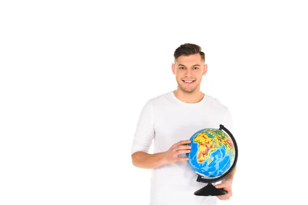 Sonriente Joven Sosteniendo Globo Aislado Blanco — Foto de stock gratis