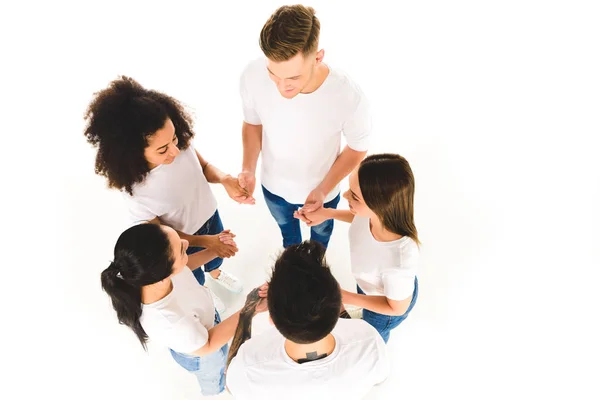 Overhead View Multiethnic Group Young People Holding Hands Standing Circle — Stock Photo, Image
