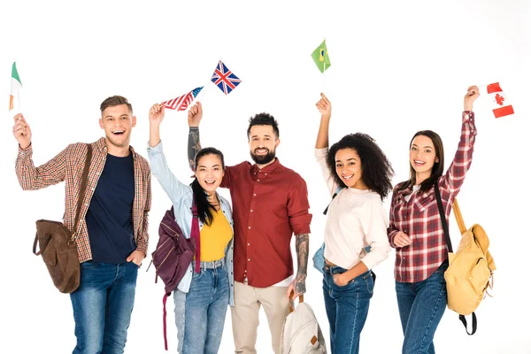 Multiethnic Group People Standing Backpacks Flags Different Countries Heads Isolated — Stock Photo, Image