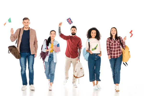 Multiethnic Group People Backpacks Flags Different Countries Isolated White — Stock Photo, Image