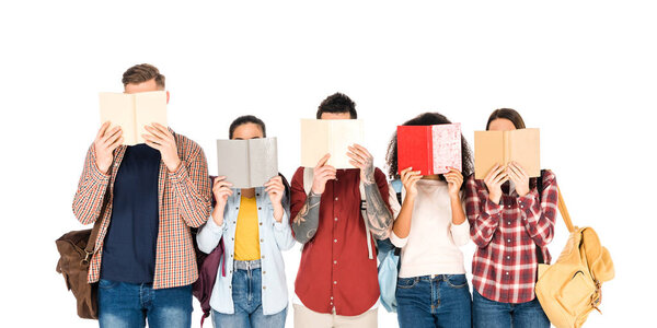 group of students reading books and holding backpacks isolated on white