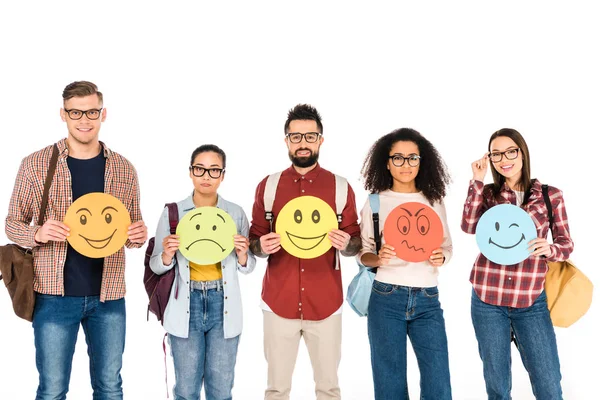 Multicultural Group Young People Showing Emotions Cards Isolated White — Stock Photo, Image