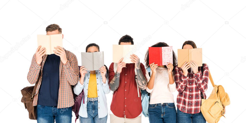 group of students reading books and holding backpacks isolated on white