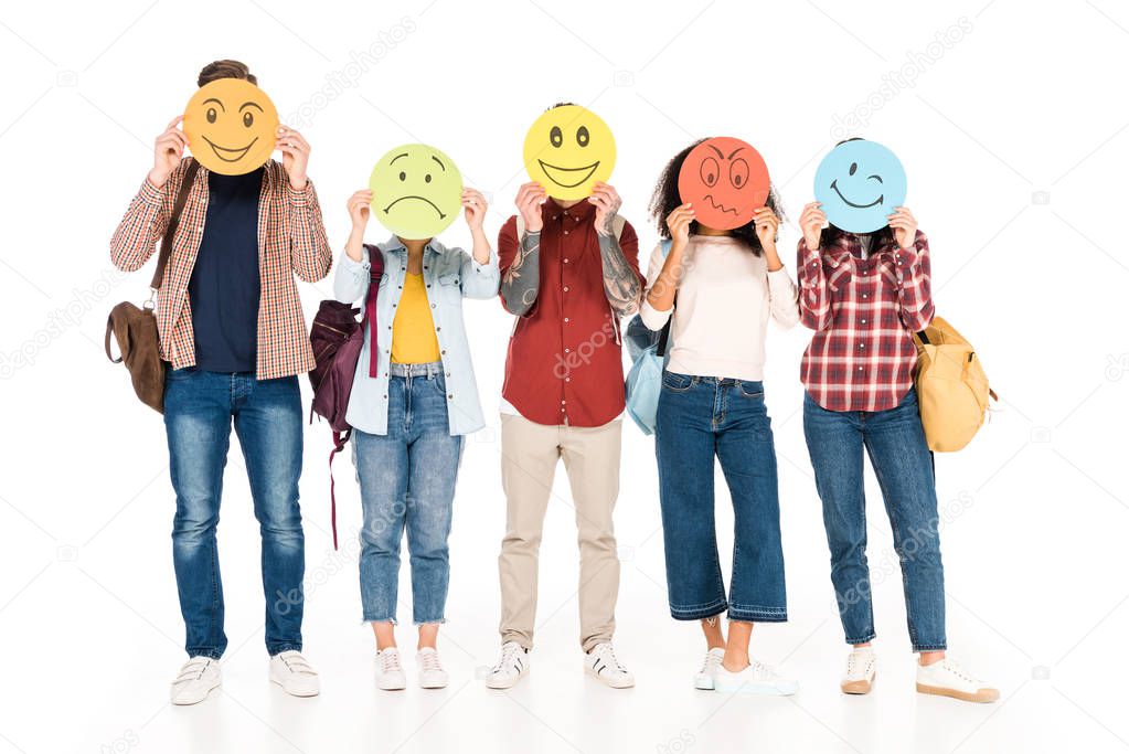  group of young people showing emotions on cards isolated on white