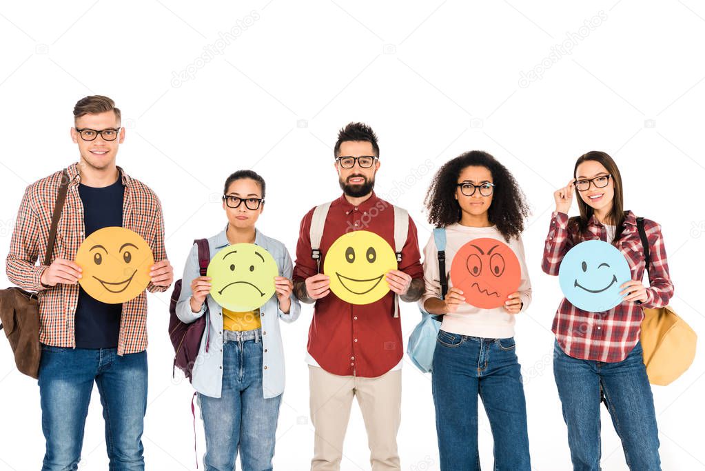 multicultural group of young people showing emotions on cards isolated on white 