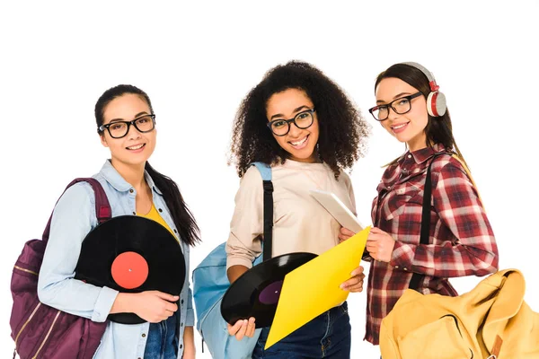 Attraktive Mädchen Brille Mit Schallplatten Und Digitalem Tablet Isoliert Auf — Stockfoto