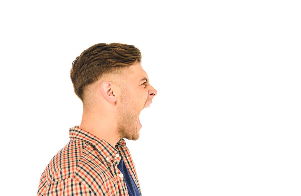 side view of handsome screaming man isolated on white