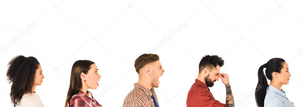 Profile of milticultural group of people with face expression isolated on white — Stock Image Profile Milticultural Group People Face Expression Isolated White Stock Photo