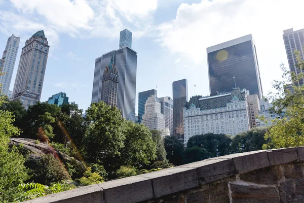 urban scene with trees in city park and skyscrapers in new york, usa