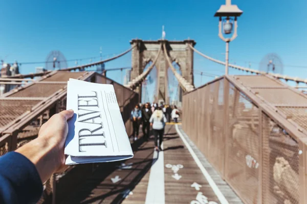 Partial View Man Holding Travel Newspaper Blurry New York City — Stock Photo, Image