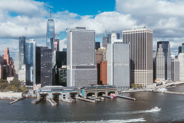 Scenic view of new york buildings and atlantic ocean, usa