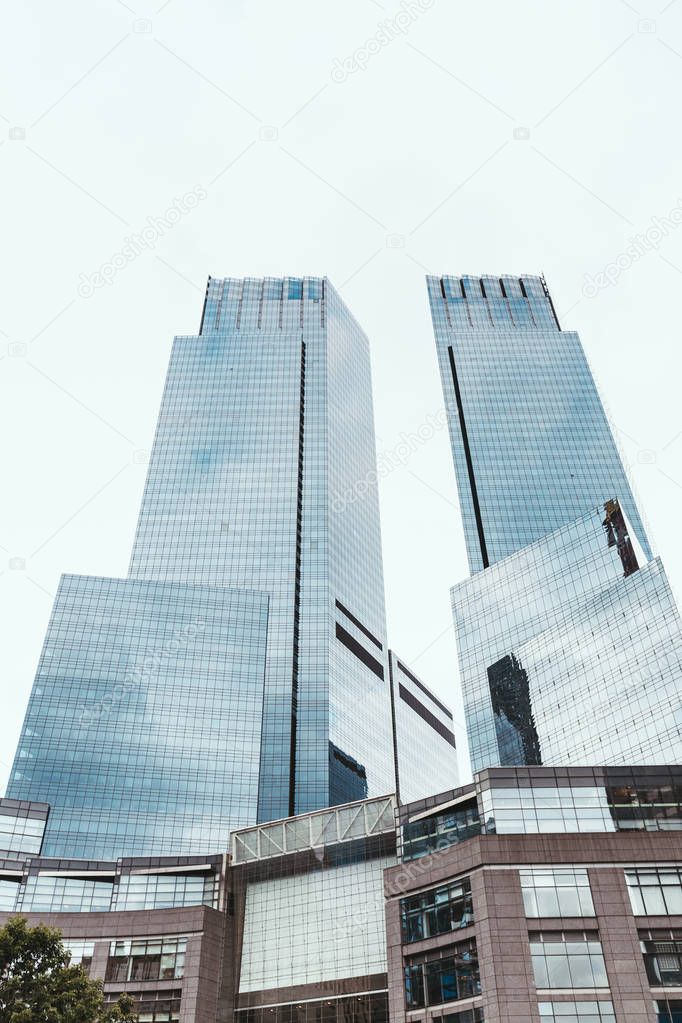 low angle view of skyscrapers and clear sky in new york city, usa