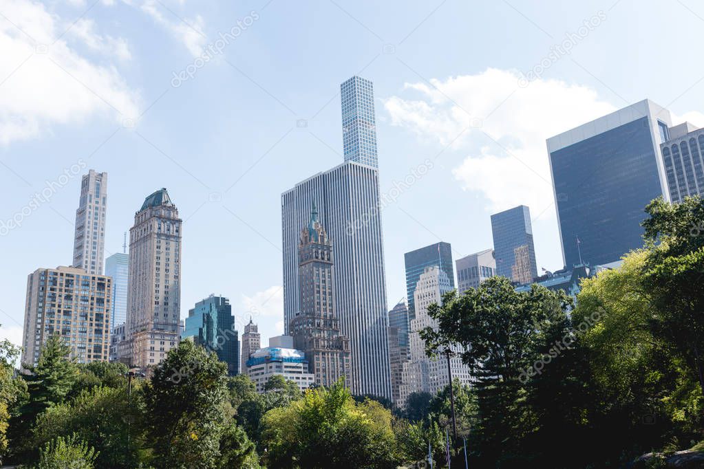 urban scene with trees in city park and skyscrapers in new york, usa