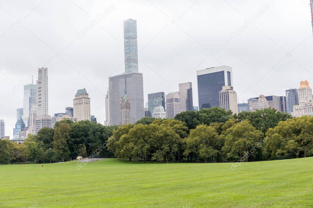 urban scene with trees in city park and skyscrapers in new york, usa