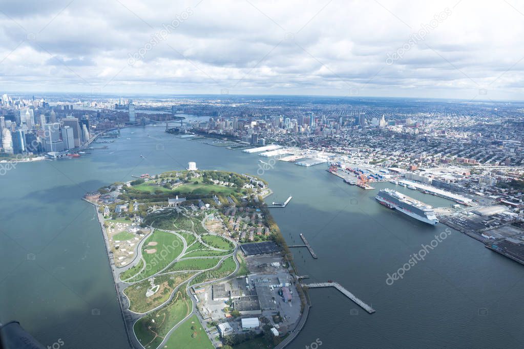 aerial view of atlantic ocean and new york city, usa