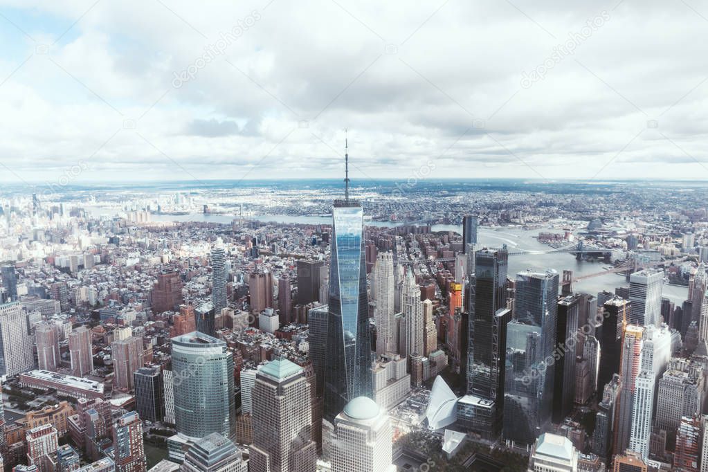 aerial view of new york city skyscrapers and cloudy sky, usa