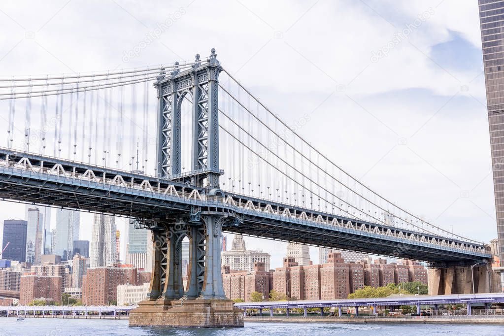 urban scene with brooklyn bridge and manhattan in new york, usa