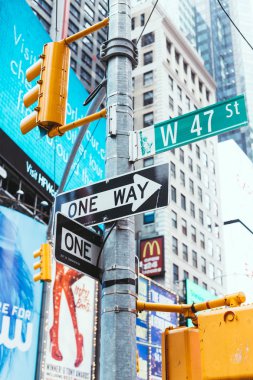 TIMES SQUARE, NEW YORK, USA - OCTOBER 8, 2018: close up view of traffic lights and road signs at times square, new york, usa clipart