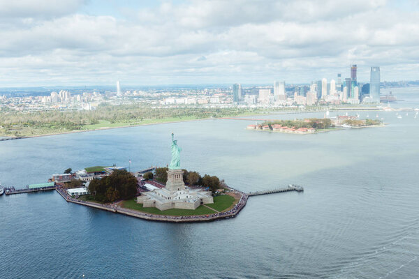 STATUE OF LIBERTY, NEW YORK, USA - OCTOBER 8, 2018: aerial view of statue of freedom in New york, usa
