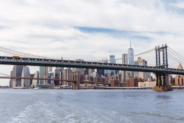 MANHATTAN, NEW YORK, USA - OCTOBER 8, 2018: beautiful view of manhattan and brooklyn bridge in new york, usa