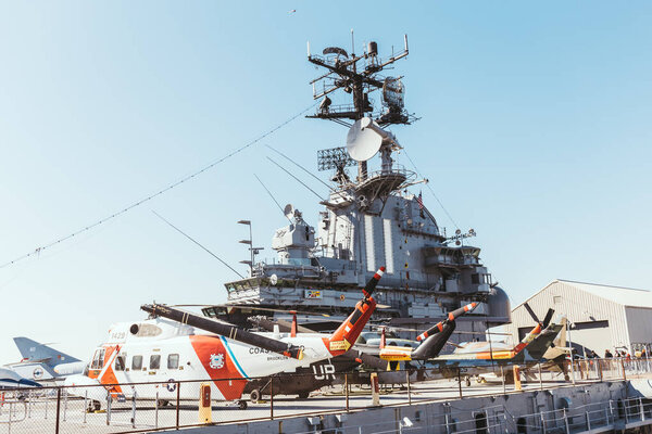 NEW YORK, USA - OCTOBER 8, 2018: ship with airplanes against blue sky background
