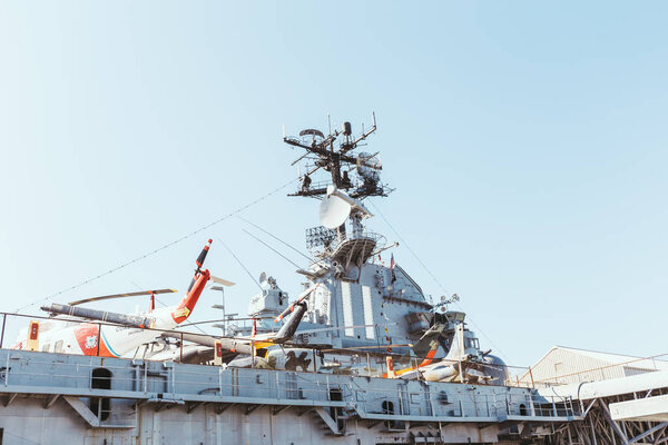 NEW YORK, USA - OCTOBER 8, 2018: ship with airplanes against blue sky background
