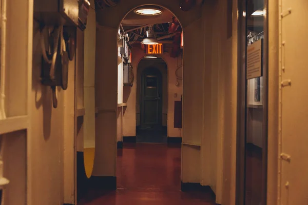 New York Usa October 2018 Red Exit Sign Ship Interior — Stock Photo, Image