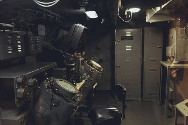 NEW YORK, USA - OCTOBER 8, 2018: close up view of marine equipment in ship