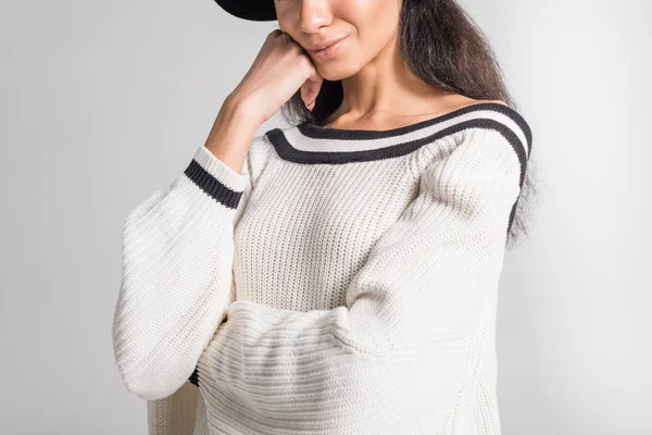 Cropped Image African American Girl Stylish White Sweater Hat Standing — Stock Photo, Image
