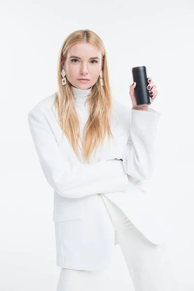 Attractive Caucasian Blonde Woman Fashionable White Clothes Holding Black Can — Stock Photo, Image