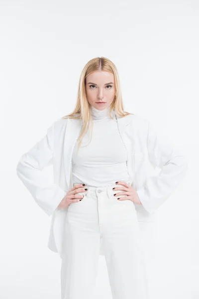 Attractive Caucasian Blonde Woman Fashionable White Clothes Posing Hands Akimbo — Stock Photo, Image