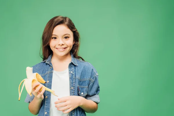 Smiling Child Holding Banana Isolated Green — Stock Photo, Image