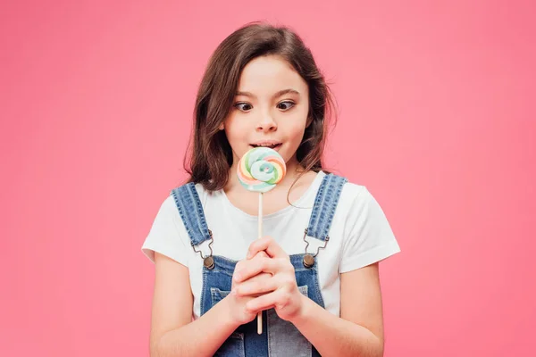 Funny Child Holding Lollipop Isolated Pink — Stock Photo, Image