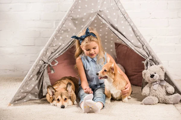 Urocze Dziecko Siedzi Psów Welsh Corgi Wigwamie Domu — Zdjęcie stockowe