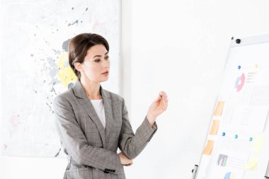Office proje sunumu sırasında flipchart seyir gri elbiseli çekici iş kadını