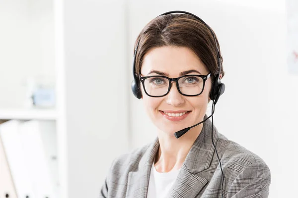 Smiling Beautiful Call Center Operator Glasses Headset Looking Camera Office — Stock Photo, Image