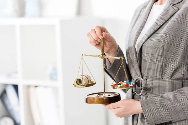 Cropped Image Lawyer Holding Justice Scales Money Drugs Table Office — Stock Photo, Image