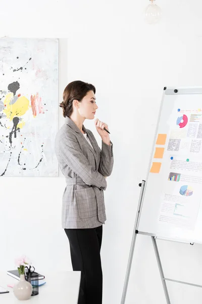 Thoughtful Attractive Businesswoman Grey Suit Looking Flipchart Project Presentation Office — Stock Photo, Image