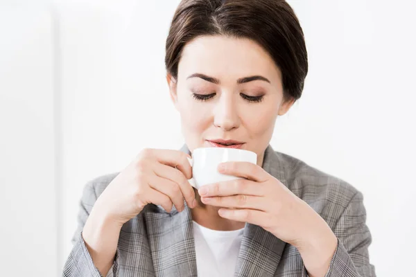 Portrait Attractive Businesswoman Grey Suit Drinking Coffee Office — Stock Photo, Image