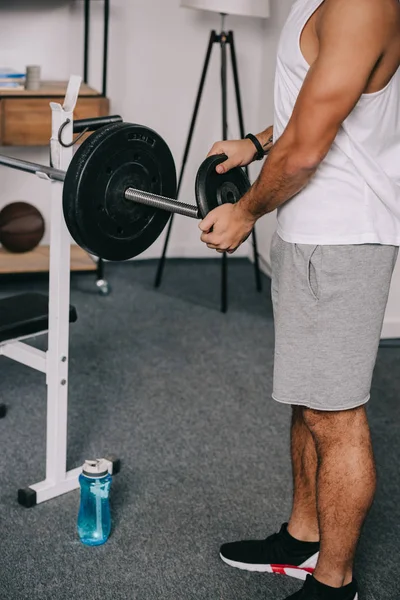 Cropped View Man Putting Heavy Disk Barbell Living Room — Stock Photo, Image