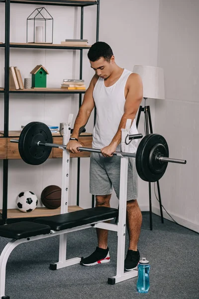 Handsome Racial Man Workout Barbell Home Gym — Stock Photo, Image