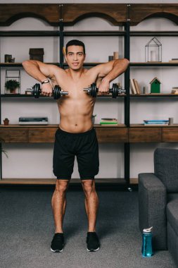 güçlü bı ırkçı adam ev jimnastik salonu içinde ağır dumbbells ile eğitim 