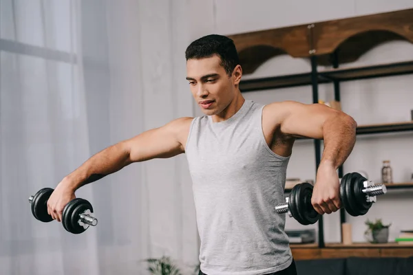 Handsome Racial Man Doing Exercise Dumbbells Living Room — Stock Photo, Image