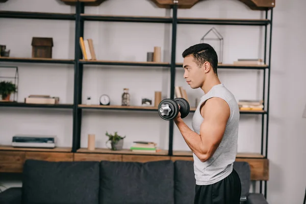 Handsome Mixed Race Sportsman Doing Exercise Dumbbell Living Room — Stock Photo, Image