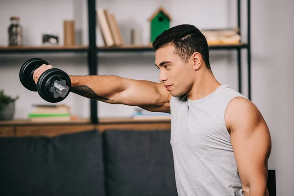 Strong Mixed Race Sportsman Workout Heavy Dumbbell — Stock Photo, Image