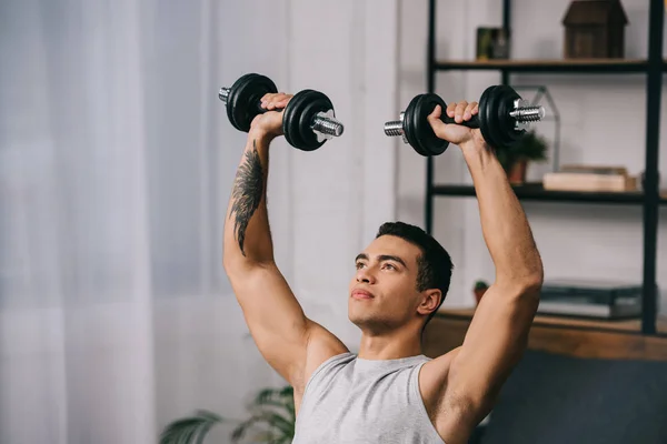 Mixed Race Athlete Holding Heavy Dumbbells Head — Stock Photo, Image