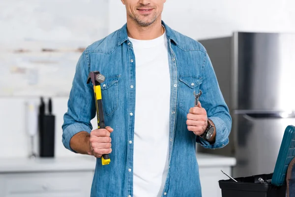 Cropped View Smiling Man Holding Hammer Wrench Hands — Stock Photo, Image