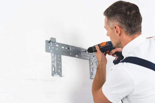 Adult Foreman Installing Bracket Air Conditioner Drill — Stock Photo, Image