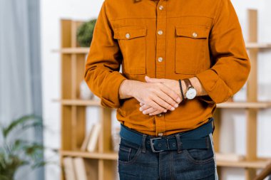 modern oturma odasında duran adamın kırpılmış görünümü 